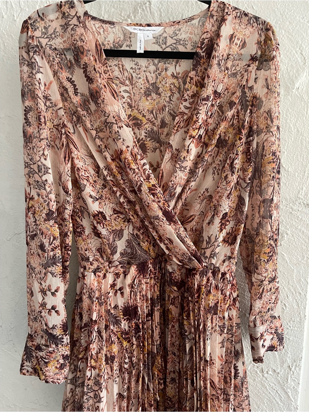 BCBGeneration Pink Floral Long Sleeve Wrap Midi Dress